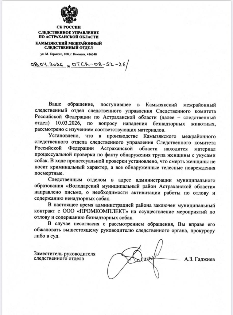 В феврале в Астраханской области нашли труп женщины с укусами собак, нанесённых посмертно